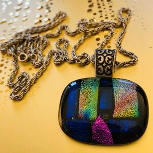 Vintage Necklace - Dichroic Glass Pendant With 28” Chain